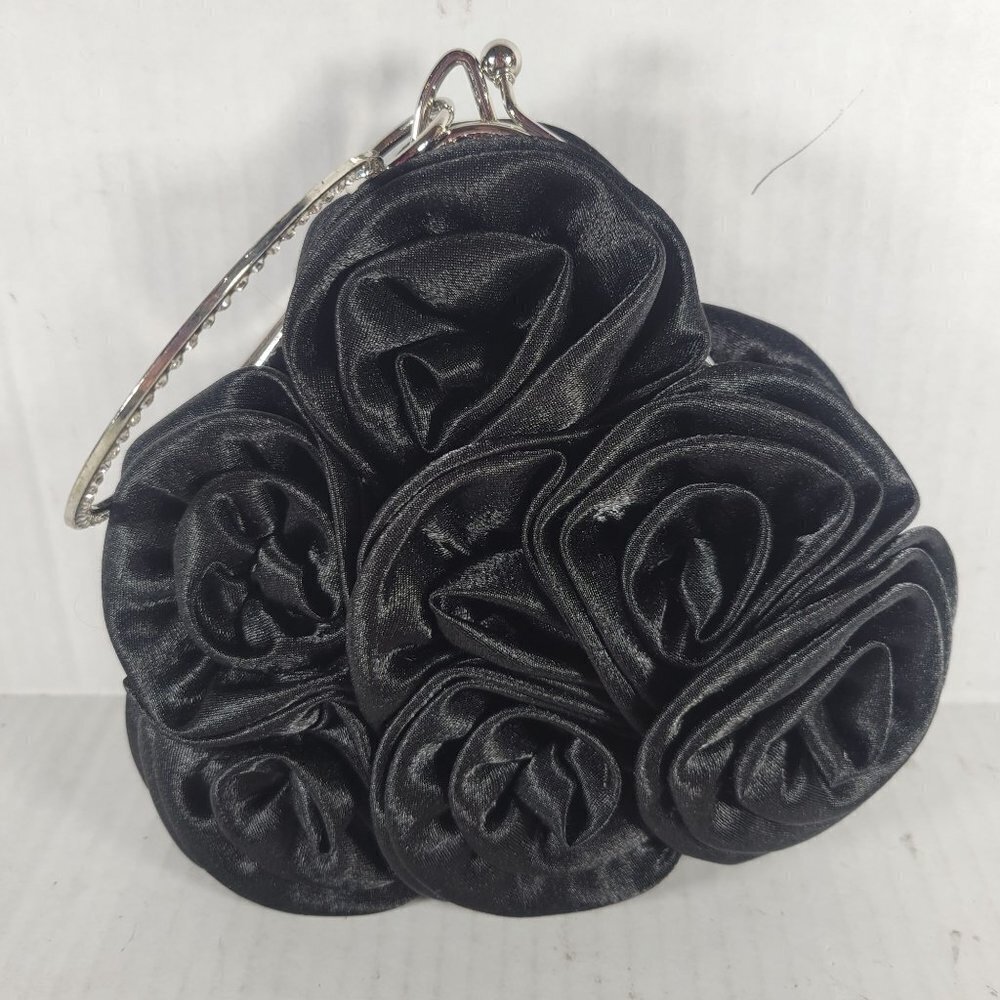Black Satin Rose Classic Elegant Rhinestone Silver Handle Triangle Clutch Purse